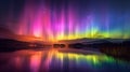 Vivid Aurora Borealis dances across night sky. Green, blue, purple hues.