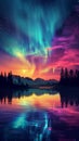 Vivid Aurora Borealis dances across night sky. Green, blue, purple hues.