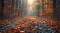 Vivid autumn forest path with fallen leaves, soft sunlight, and realistic textures