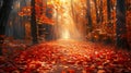 Vivid autumn forest scene path with fallen leaves, soft sunlight, realistic textures
