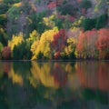 Vivid autumn hues envelop a serene lake nestled in woods