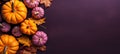 Vivid autumn pumpkins and leaves on a purple background, perfect for fall themed designs and seasonal celebrations