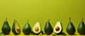 Vivid avocados in striking array against a minimalist vibrant green backdro