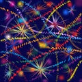 Vivid background with garlands, firework,splashes on night backdr Royalty Free Stock Photo