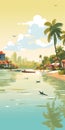 Vivid Beach Vacation Poster With Buildings And Palm Trees