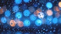 vivid blue bokeh lights, illuminated droplets on glass surface, reflections and diffracted light, creating a Generative AI