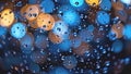vivid blue bokeh lights, illuminated droplets on glass surface, reflections and diffracted light, creating a Generative AI