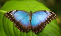 Vivid blue morpho  butterfly on tropical green leaf Royalty Free Stock Photo