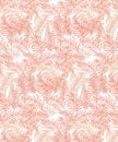 Vivid bright coral Seamless vector tropical pattern with palms leaves and pastel yellow  flowers Royalty Free Stock Photo