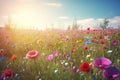 Vivid and bright flowers in a field with photorealistic landscapes in spring and summer. Help save the planet! Generative AI