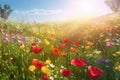 Vivid and bright flowers in a field with photorealistic landscapes in spring and summer. Help save the planet! Generative AI