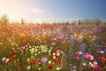 Vivid and bright flowers in a field with photorealistic landscapes in spring and summer. Help save the planet! Generative AI