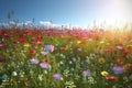 Vivid and bright flowers in a field with photorealistic landscapes in spring and summer. Help save the planet! Generative AI