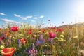 Vivid and bright flowers in a field with photorealistic landscapes in spring and summer. Help save the planet! Generative AI