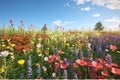 Vivid and bright flowers in a field with photorealistic landscapes in spring and summer. Help save the planet! Generative AI