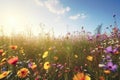 Vivid and bright flowers in a field with photorealistic landscapes in spring and summer. Help save the planet! Generative AI