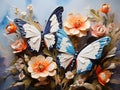 Blue butterflies painted with oil paints and delicate wildflowers Colorful oil paint art