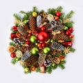 Vivid christmas wreath with fir branches, pine cones and rustic ornaments Royalty Free Stock Photo