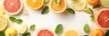 Vivid citrus fruits background, top view on white, realistic stock photo with copy space