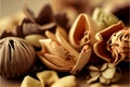 AI generated close-up of desiccated blooms, orange slices, aromatic herbal foliage, and seedpods utilized as floral potpourri.