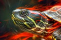 Vivid Close Up Portrait of Painted Turtle Amidst Fiery Abstract Background Detailed Reptile Wildlife Artwork