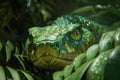 Vivid close up of a striking emerald green snake in its lush tropical jungle habitat