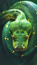 Vivid close up of a vibrant emerald green snake in the lush habitat of a tropical jungle