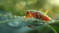 Vivid cockroach on a dewy leaf with bokeh lights. Insect close-up with water droplets. Concept of natural beauty, macro Royalty Free Stock Photo