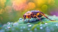 Vibrant cockroach on a dewy leaf with bokeh lights. Insect close-up with water droplets. Concept of natural beauty Royalty Free Stock Photo