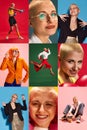 Vivid collage made of portraits of young emotional and positive woman in different fashion outfits against multicolored