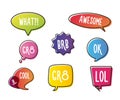 Vivid color speech bubbles set with short messages. Talking and communication vector illustrations. Royalty Free Stock Photo