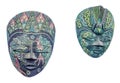 Vivid colored african masks, male and female, halloween mask close up, isolated