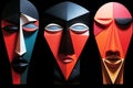 Vivid, colored, black three abstract faces on black