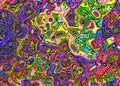 Vivid colorful bright neon liquid shapes, funky psychedelic backdrop in chaos swirl hippie design, crazy shapes