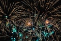 Vivid colorful firework as huge exotic feathers, multicolored glowing and flickering stars. Holiday background