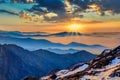 Himalaya golden orange sunrise over blue mountains at Laurebina La pass, Himalayas, Langtang, Nepal