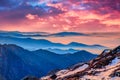 Himalaya golden orange sunrise over blue mountains at Laurebina La pass, Himalayas, Langtang, Nepal Royalty Free Stock Photo