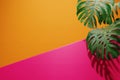 Vivid colorful summer background with monstera leaf. Vibrant orange and pink color studio scene with geometry shape and palm for