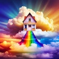 house floating in the sky, surrounded by clouds, abstract, surreal, dreamlike, stylized - of painting style