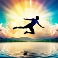 mystical man fluing in the sky over water to success, surrounded by clouds and radiance, abstract, surreal, dreamlike