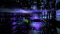 Vivid colors and geometric patterns create a dynamic digital landscape. Bright lights and reflections add depth, giving an