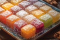 Vivid colors and powdered sugar adorn Turkish delight Rahat Lokum