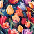 Vivid Colors Tulips: Seamless Fine Detail Oil Painting AI Generated