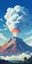 Vivid Comic Book Style Illustration Of A Volcano With Cloudy Sky