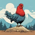 Vivid Comic Book Style Rooster Standing On Rock With Mountains