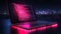 Vivid computer setup at night showcasing vibrant code against a stunning city skyline backdrop Generative AI