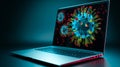 Vivid computer virus emerging from laptop screen Royalty Free Stock Photo