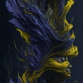 Vivid contrast between bold yellow and purple hues set against a deep black background, AI generated