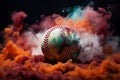 Vivid contrast Colorful baseball stands out against a mysterious, smoky backdrop