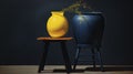 Vivid Contrasts: Lush Lemon Tree in a Sunny Yellow Pot with a Blue Stool Against a Dark Wall. Royalty Free Stock Photo